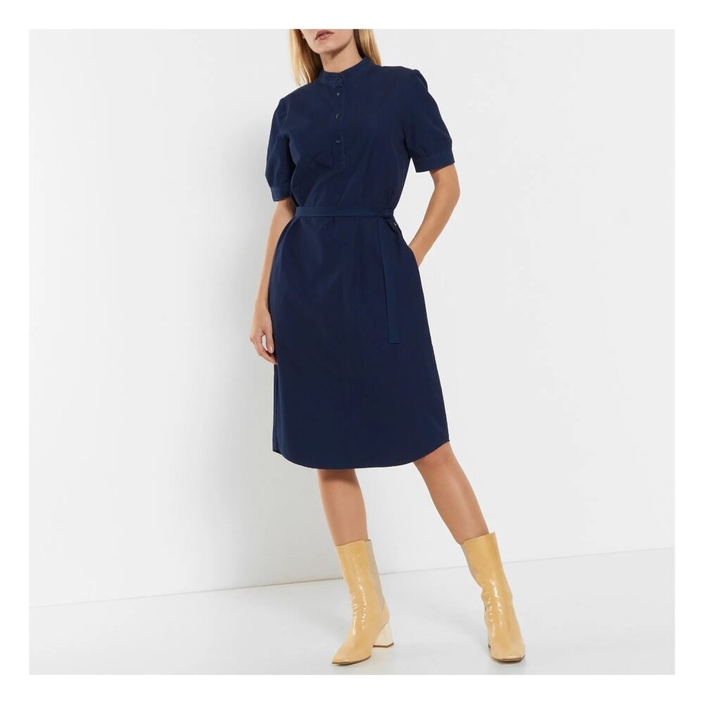 A.P.C. Clea belted dress with short puff sleeves, navy blue, size 34